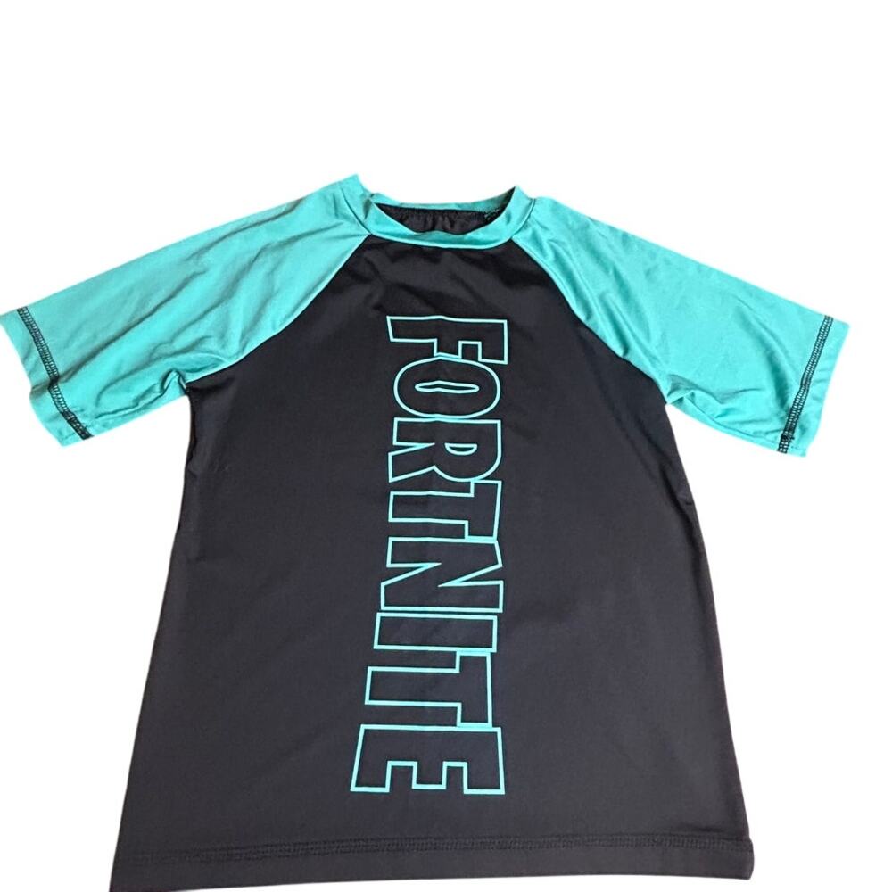 Fortnite UPF +50 short sleeve rash guard black and green colorblock size Med 8